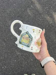 1pc Vintage Small Window Pattern Large Capacity Ceramic Mug, Suitable For Home Kitchen Restaurant Office, Exquisite Ceramic Mug, Can Be Used As Coffee Cup, Milk Cup, Breakfast Cup, Latte Cup, Multi-Functional Mug, Personalized Holiday Gift - Multicolor - View 3