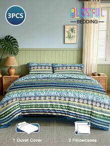 Blissful 3pcs=1pc (With 4-Corner Straps, With Zipper, Without Inner Core) + 2pcs (Matching Pattern Pocket Pillows, Without Inner Core) 100% Polyester Fiber Home Bedding Set, Bohemian Style Pattern, Skin-Friendly And Soft Fabric, Removable And Machine Washable, Full Size, Suitable For Multiple Occasions: Bedroom, Guest Room, Dorm, Travel - Multicolor - View 2