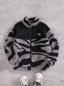 Boys' Casual Fashion Zipper Design Stand Collar Long Sleeve Jacket, Double-Sided Fleece, Autumn/Winter - Black - View 1