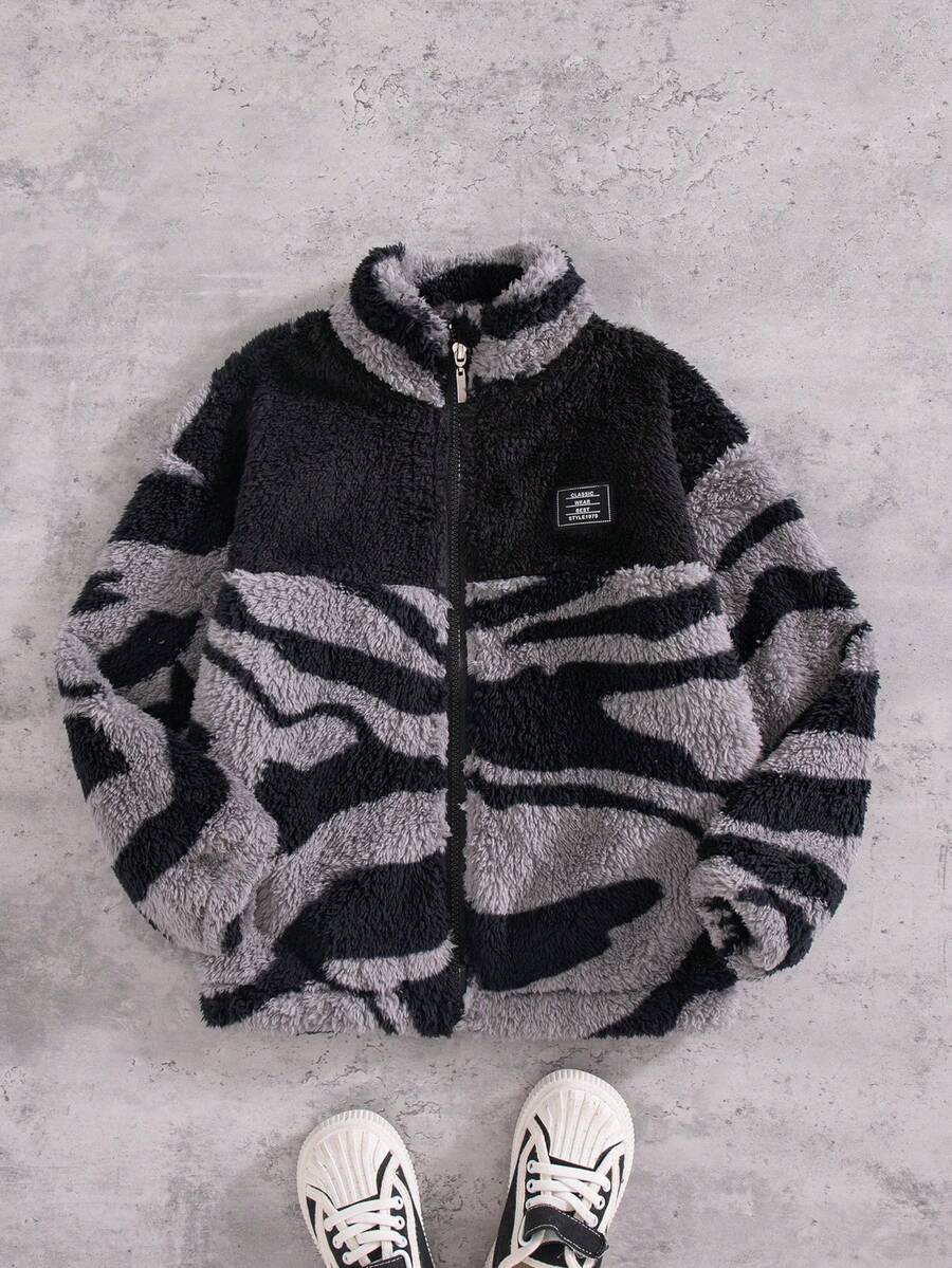 Boys' Casual Fashion Zipper Design Stand Collar Long Sleeve Jacket, Double-Sided Fleece, Autumn/Winter - Black - View 1
