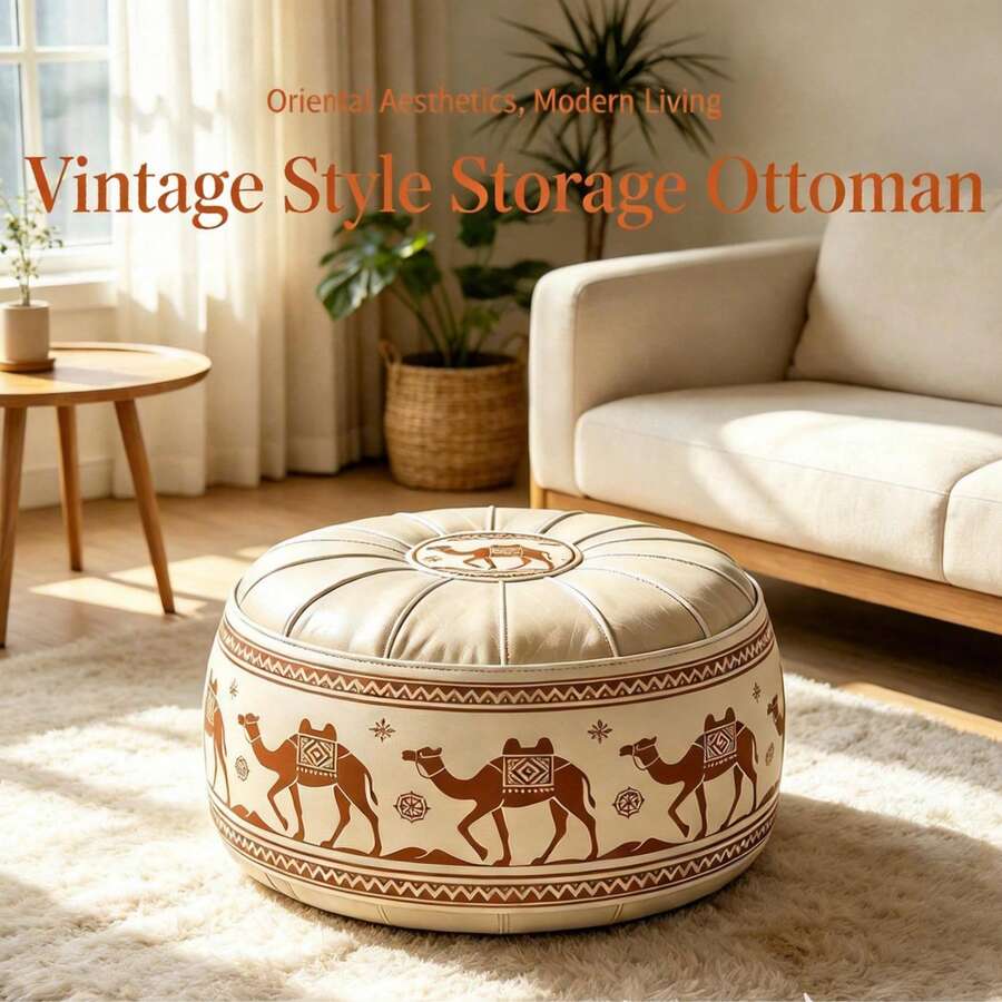Boho Camel Pattern Round Storage Ottoman, Mid-Century Faux Leather Pouf Stool With Hidden Storage Space, Padded Comfort Seat & Waterproof Surface, Multi-Use As Footrest, Coffee Table, Home Decor For Living Room Bedroom Apartment - Multicolor - View 1