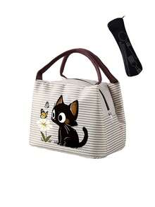 Aesthetic Striped Insulated Lunch Bag, Black Cat & Leaf Pattern, Lightweight Canvas Lunch Box, Large Capacity, Suitable For Work, School, Picnic, Travel, Hiking - Multicolor - View 13