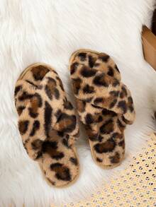 Women's Cross-Strap Anti-Slip Wear-Resistant Solid Color Open-Toe Low-Heel Fuzzy Slippers, Comfortable Home Wear With Rabbit Fur And Faux Fur - Leopard Brown - View 5