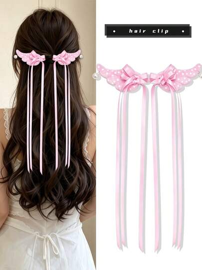 2pcs Angel Wings Long Ribbon Bow Hair Clips, Durable And Gentle On Hair, Sweet Cute Minimalist Hair Accessories - Suitable For Women And Girls, Daily School Party Vacation