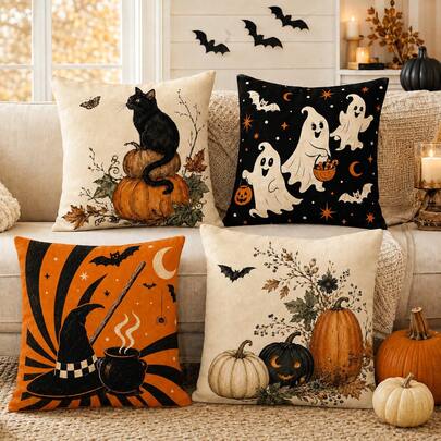 4 piezas Fundas de almohada vintage de Halloween, estampados de gato negro, calabaza, fantasma y sombrero de bruja, decoración de otoño espeluznante en negro, naranja y crema para sofá y dormitorio, rellenos de almohada no incluidos