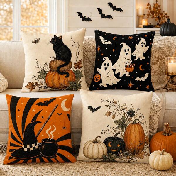 4 piezas Fundas de almohada vintage de Halloween, estampados de gato negro, calabaza, fantasma y sombrero de bruja, decoración de otoño espeluznante en negro, naranja y crema para sofá y dormitorio, rellenos de almohada no incluidos