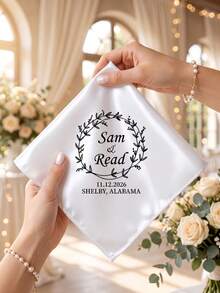 1pc Custom Text Wedding Handkerchief With Botanical Wreath Print, Personalized Couple Meaningful Bridal Keepsake Gift For Wedding Day Souvenir Favor - Multicolor - View 3