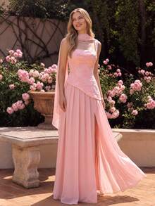 UNITHORSE Women's Pleated Cinching Waist Jacquard Chiffon Evening Dress - Pink - View 5