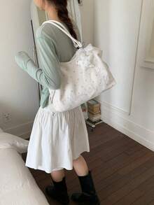 Polka Dot Print Tote Bag With Star Charm, Large Capacity Storage, Adjustable Drawstring, Sweet Casual Style, Handheld And Shoulder Carry, Suitable For School, Commute, Shopping, Travel, Daily Use, Fresh Atmosphere, Easy To Match With Various Outfits, Practical And Stylish - White - View 5