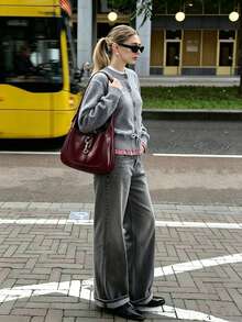 1pc Women's Grey Round Neck Button-Up Cinched Waist Plaid Patchwork Ruffle Knit Long Sleeve Cardigan Sweater, Autumn Outfit - Grey - View 5