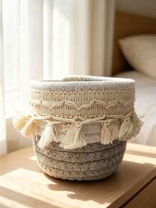Bohemian Style Woven Tassel Cotton Rope Storage Basket, Handmade Small Desktop Organizer, Decorative Countertop Basket For Cosmetics, Pens, Small Items, Home Vanity Decor - Multicolor - View 11