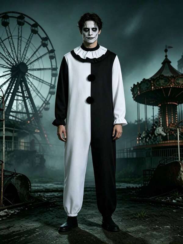 Halloween Horror Soul-Shattering Clown Costume, Black And White Color Block Jumpsuit With Pom Pom Chest Decoration, Unisex Cosplay Outfit