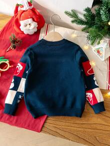 Boys Cute Christmas Snowflake & Plaid Pattern Crew Neck Long Sleeve Knit Pullover Sweater, Suitable For Christmas, Casual Wear, Spring, Autumn, Winter - Navy Blue - View 2