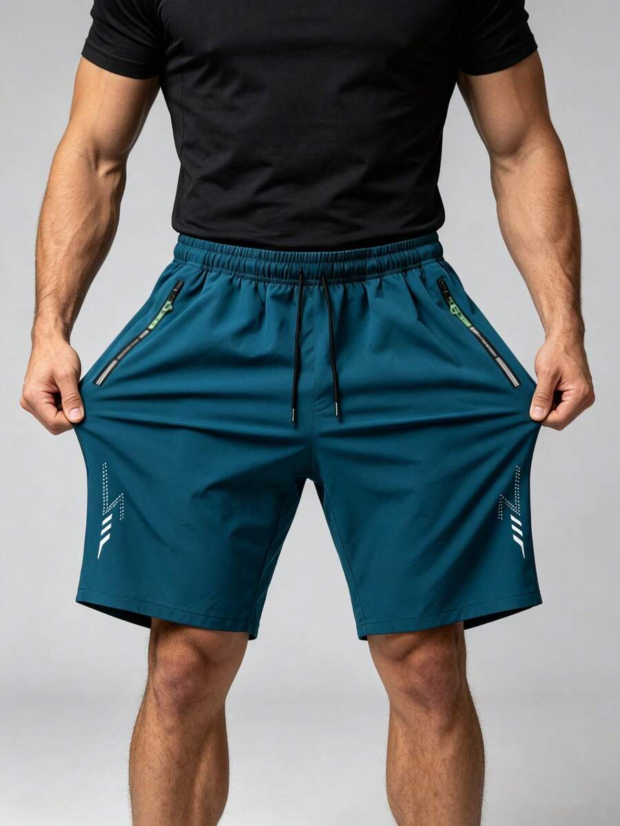 1pc Men's Casual Loose Breathable Shorts, With Pockets, Zipper And Drawstring Waist, Sports Summer Style - Lake Blue - View 1