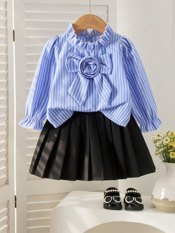 2pcs Baby Girl Vintage School Style Colorblock Vertical Striped Ruffle Trim Big Bow Petal Sleeve Long Sleeve Blouse & Pleated Mini Skirt Set, Spring/Autumn