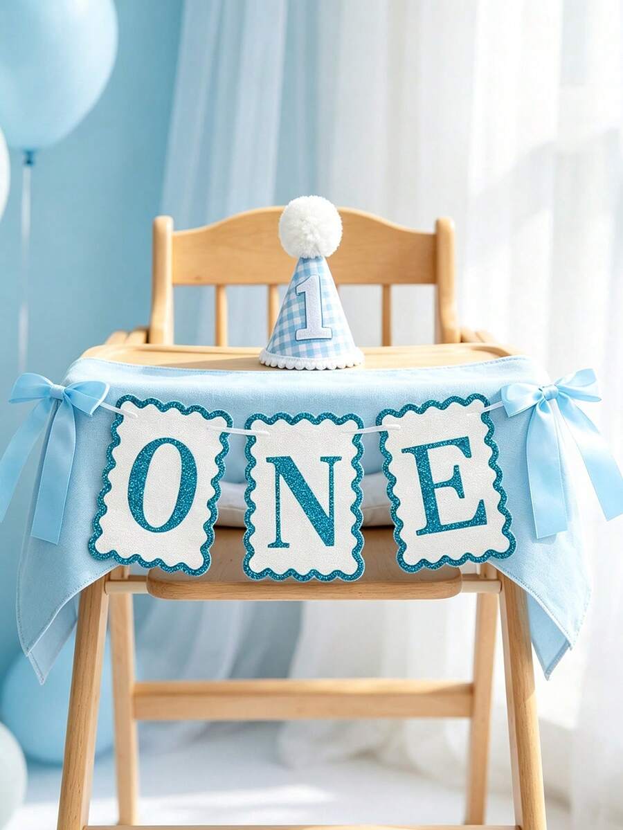 2/1pc INS Style Blue Glitter Bow Non-Woven Fabric Banner Table Runner - 1st Birthday Chair Decoration, Party Photo Prop, Suitable For Birthday, Baby Shower Party Decoration, Blue & White Cool Bow Happy Birthday Party Decoration, Photo Prop, Baby Shower Party Decoration - Multicolor - View 1