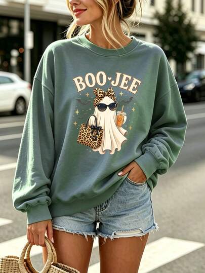 EVERKIND Women Thin Crewneck Sweatshirt, Boo-Jee Leopard Ghost Graphic; Y2K, Teacher, Back To School, Summer, Vacation, Halloween Casual Pullover