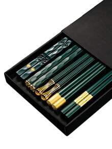 5 Pairs Of Antibacterial Alloy Chopsticks,Kitchen,Christmas Gift,School Supplies - Green - View 1