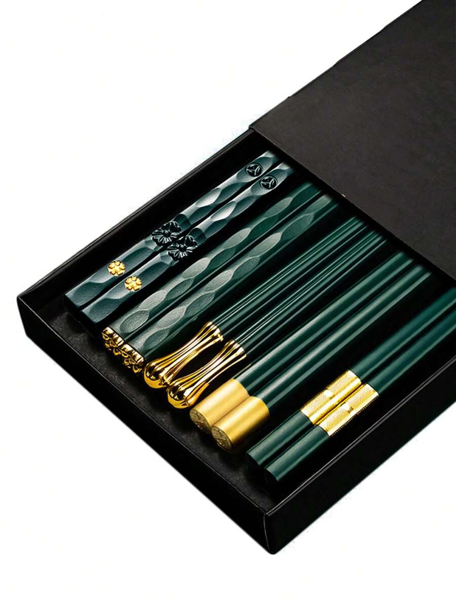 5 Pairs Of Antibacterial Alloy Chopsticks,Kitchen,Christmas Gift,School Supplies - Green - View 1