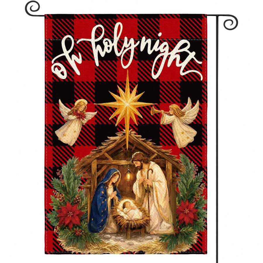 1件 Oh Holy Night 耶誕馬槽場景花園旗,紅黑水牛格紋雙面印花聖誕庭院裝飾,不含旗桿 - 聖夜 - 查看 1