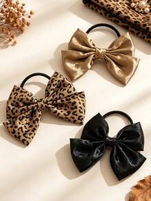 3pcs Autumn Leopard Print Satin Bow Hair Ties,Shiny Fabric Ponytail Scrunchies,Vintage Hair Accessories For Girls Daily Wear & Autumn Winter Gifts - Multicolor - View 5