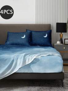 4-Piece Black Marble Pattern Bed Sheet Set, Includes 1 Fitted Sheet, 1 Flat Sheet And 2 Pillowcases, Mattress Protector Set (Pillow Inserts Not Included), Suitable For King/Queen/Full/Twin Sizes, Deep Pocket Fitted Sheet Up To 11.8 Inches - Navy Blue - View 2