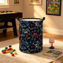 1pc Cartoon Game Controller Print Foldable Round Laundry Basket With Handle, Colorful Graffiti Video Game Pattern Fabric Storage Bin, Multi-Purpose Boy Toy Clothing Sundries Organizer, Suitable For Game Room Bedroom Decor - View 5