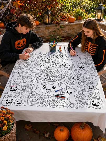 1pc Halloween Coloring Game Cloth, Cute Witch Ghost Pumpkin Bat Candy Potion Cauldron Broom Cat Spell Book Spider Web Print, DIY Coloring Activity Table Cover For Halloween Party, Classroom, Family Gathering, Home & Holiday Decor
