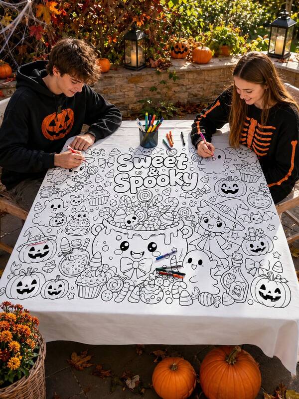 1pc Halloween Coloring Game Cloth, Cute Witch Ghost Pumpkin Bat Candy Potion Cauldron Broom Cat Spell Book Spider Web Print, DIY Coloring Activity Table Cover For Halloween Party, Classroom, Family Gathering, Home & Holiday Decor