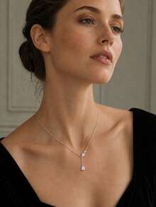 outingfit 1pc New Y-Shaped Rhinestone Inlaid Teardrop Pendant Necklace, Women's Minimalist Elegant Rhinestone Choker Necklace, Suitable For Daily Wear And Party Occasions - Silver - View 2