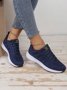 Women's Low-Top Sneakers - EVA Sole, All-Season Lace-Up Athletic Shoes, Lightweight Durable Knit Design, Multiple Colors Available, Comfortable Fit - Navy Blue - View 2