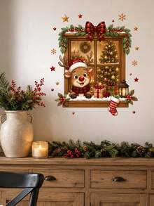 1pc Christmas Window Scene Wall Sticker Santa Claus Reindeer Peeking Through Window Christmas Tree Gift Box Holiday Window Decal Cozy Christmas Home Decor Self-Adhesive Removable Waterproof PVC Peel And Stick Wall Sticker For Home Holiday Decoration - Christmas Wall Decals - View 5