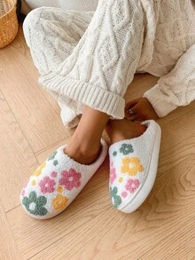 1雙時尚可愛花卉圖案冬季居家拖鞋，柔軟舒適、防滑耐穿、保暖，秋冬新款，居家/戶外穿著，刺繡設計，百搭時尚，軟底 - 多色 - 查看 6