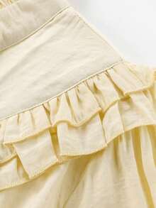 Elegant French-Style Blouse With Ruffle Trim, Ribbon Bow, Lantern Sleeves, Korean-Inspired Shirt For Early Spring, Travel, Casual And Vacation - Apricot - View 4