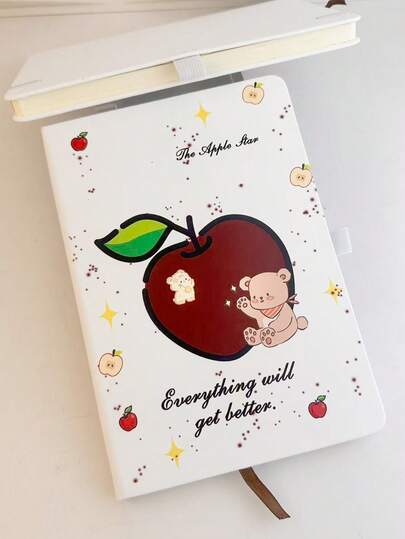 A5 Hardcover Notebook, 192 Pages Lined Writing Pad, With Elastic Band, Cute Bear And Apple Print Diary Planner, Suitable For School, Office And Daily Recording