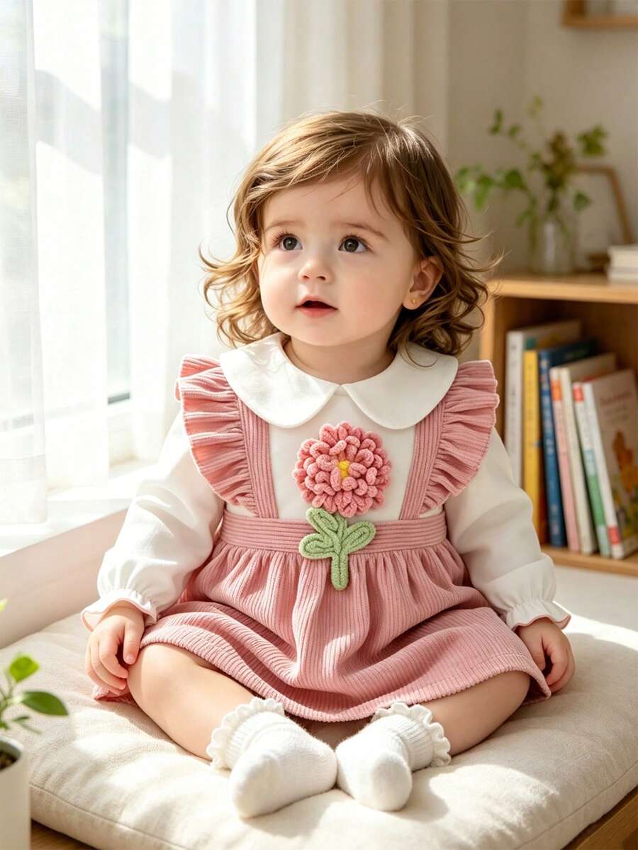 Autumn Baby Girl 2 Pieces Style Pinafore Dress With Plush 3D Floral Decor, Sweet And Cute, Suitable For Daily Wear, Gatherings And Photoshoots - Pink - View 1