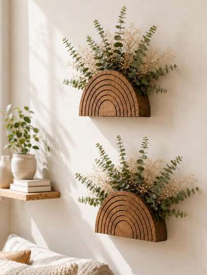 1pc Bohemian Floral Wall Shelf, Half-Moon Matte Coated Wall-Mounted Floral Display Rack With Solid Color Base, Minimalist Soft Tone Hanging Dried Flower Arrangement Storage Decor, Suitable For Living Room, Bedroom, Entryway, Fireplace, All Season Eucalyptus And Pampas Grass Wall Floral Ornament Gift