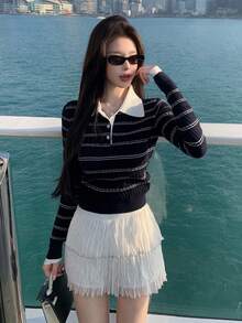 Vintage Striped Knit Sweater Women Long Sleeve Niche Textured Versatile Commute Casual Top Random Cut - Navy Blue - View 1
