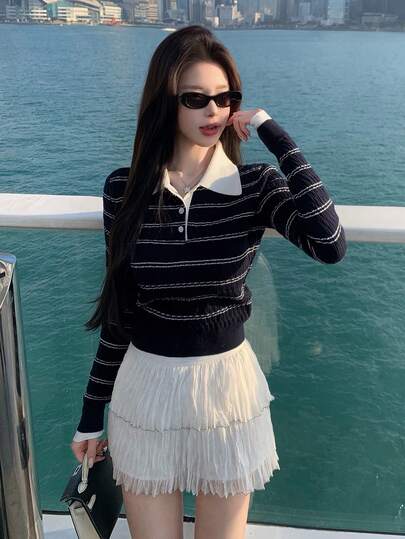 Vintage Striped Knit Sweater Women Long Sleeve Niche Textured Versatile Commute Casual Top Random Cut