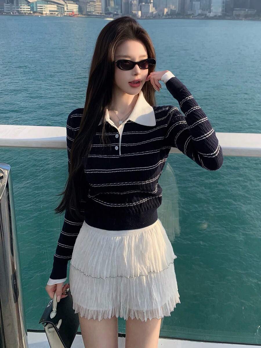 Vintage Striped Knit Sweater Women Long Sleeve Niche Textured Versatile Commute Casual Top Random Cut - Navy Blue - View 1