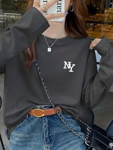 Kaos Wanita Kasual Longgar Lengan Panjang Leher Bulat dengan Cetakan Huruf, Modis & Serbaguna, Musim Semi/Gugur - Dark Grey - View 2