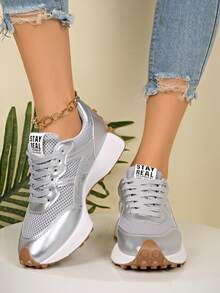 SOCTU Women's Round Toe Colorblock Fashion Lace-Up Thick Sole Student Style Height-Increasing Casual Comfortable Running Sports Shoes - Silver - View 5