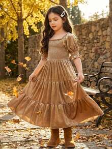 Tween Girl Solid Color Shirred Waist Short Sleeve Cute Square Neck Holiday Party Mid-Length Velvet Dress - Brown - View 1