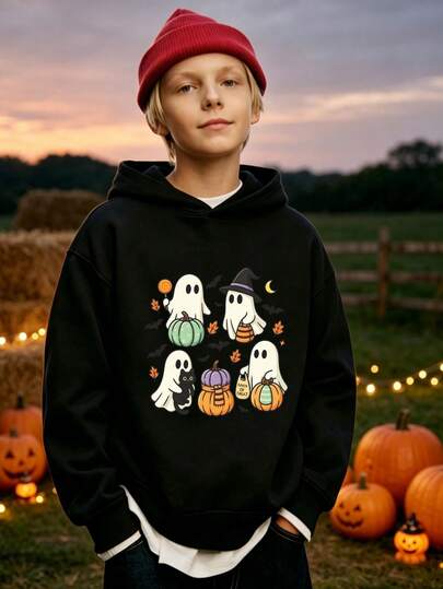 1pc Boys Halloween Sweatshirt, Cute Little Ghost Pullover, Boys Daily Party Sweatshirt, Holiday Gift