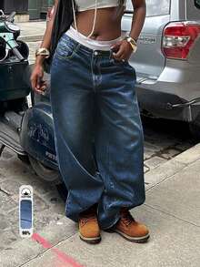 Women's Y2K Washed Vintage Wide Leg Jeans, Vacation & Street Style Casual Spring Fall - Dark Wash - View 3