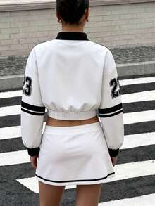 Women's Black & White Printed Sports Baseball Jacket, Short Waist Design Suitable For Sports And Daily Outings - Black and White - View 7