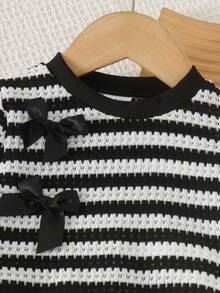 2pcs Baby Girl Sweet Cool Style Striped Hollow Bow Long Sleeve Top & Mesh Puff Skirt Set, Spring/Autumn - Black - View 4
