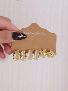 3-9 Pairs Water Drop Flower Multi-Layered Earrings Set, Versatile Daily Wear Floral Stud Earrings - Gold - View 2