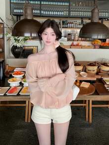 Korean Style Sweet Off-Shoulder Chiffon Blouse, Long Sleeve Women's Top For Early Autumn Pink - Pink - View 8
