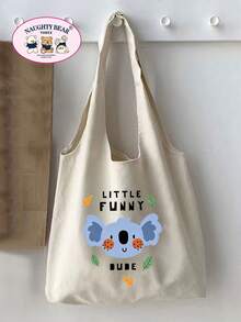 1pc Beige Many Animal Families English Print Women's Canvas Tote Bag Vest Shopping Bag - Beige - View 1